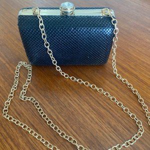 Sondra Roberts Beaded Black Mesh/Gold Box Clutch Evening Bag - Detachable Chain